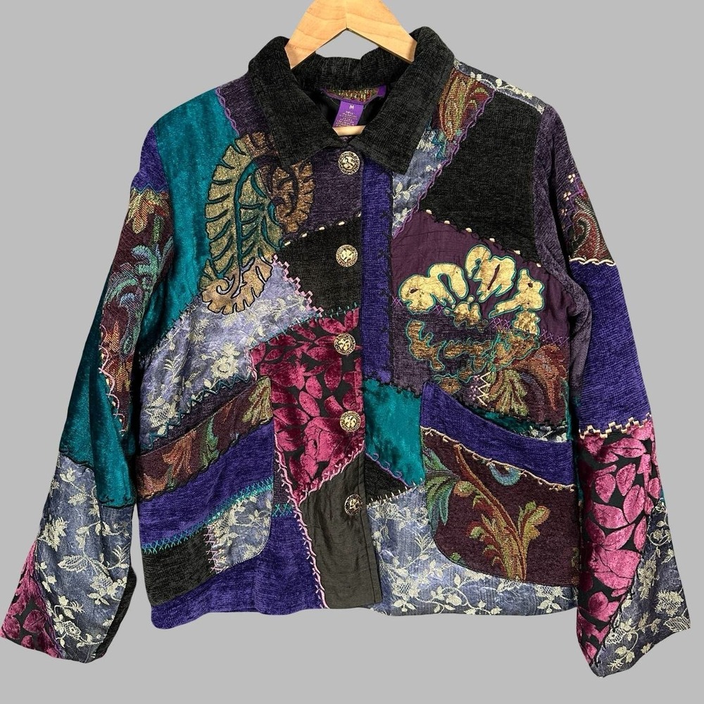 Tapestry Patch VTG Patchwork Velvet Jacket M Embroidered Art to Wear Boho Indie